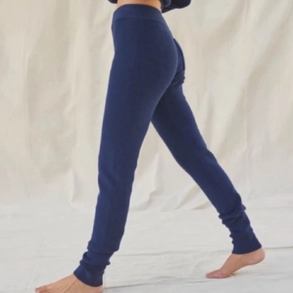 Lunya Waffle Knit Slim Pants Navy Blue Cozy Cotton Silk Thermal Back Pocket Sz L